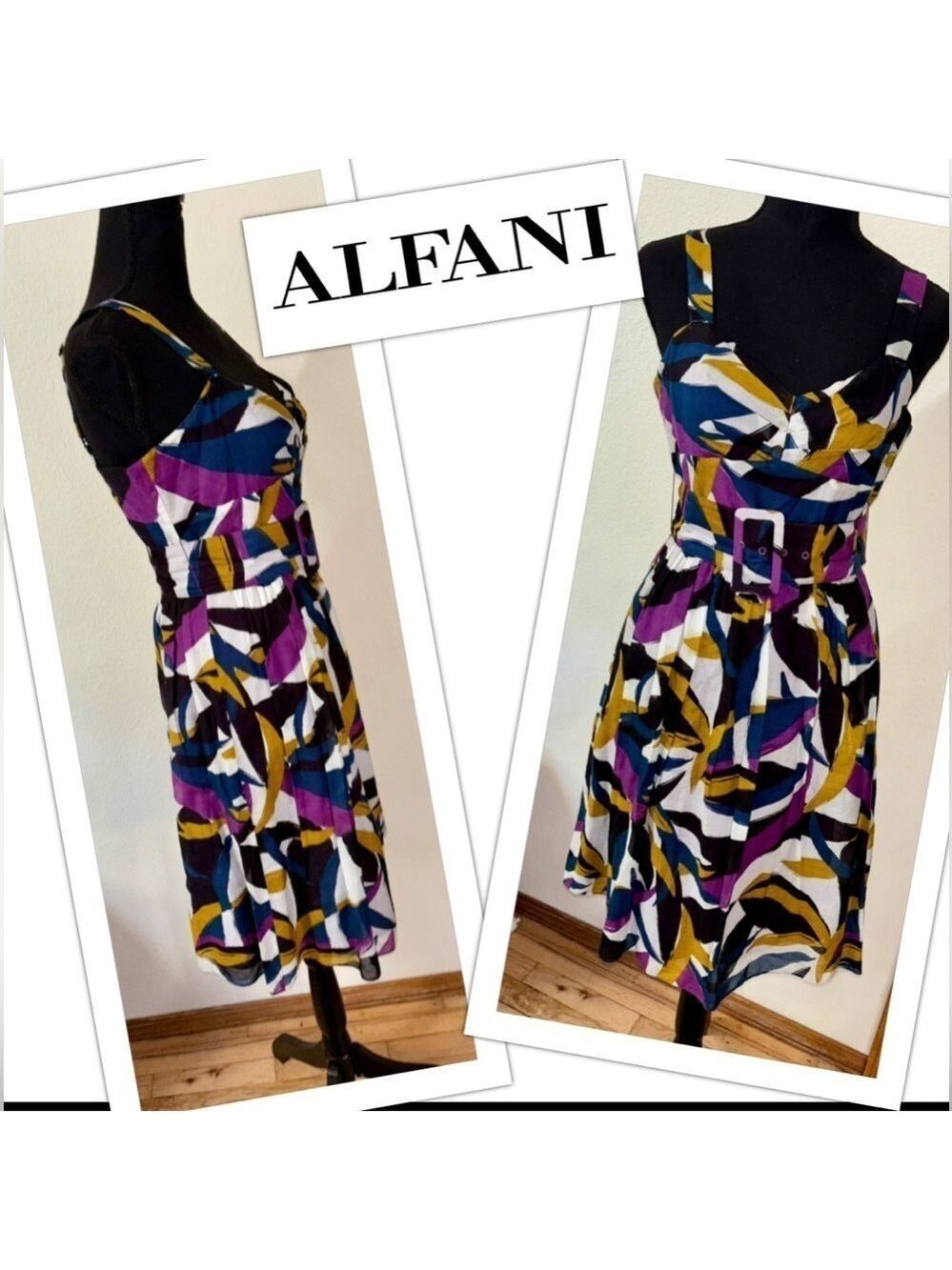 ALFANI Silk Fit & Flare Belted Party Dress in Vibrant Geometric Pattern Womens 4